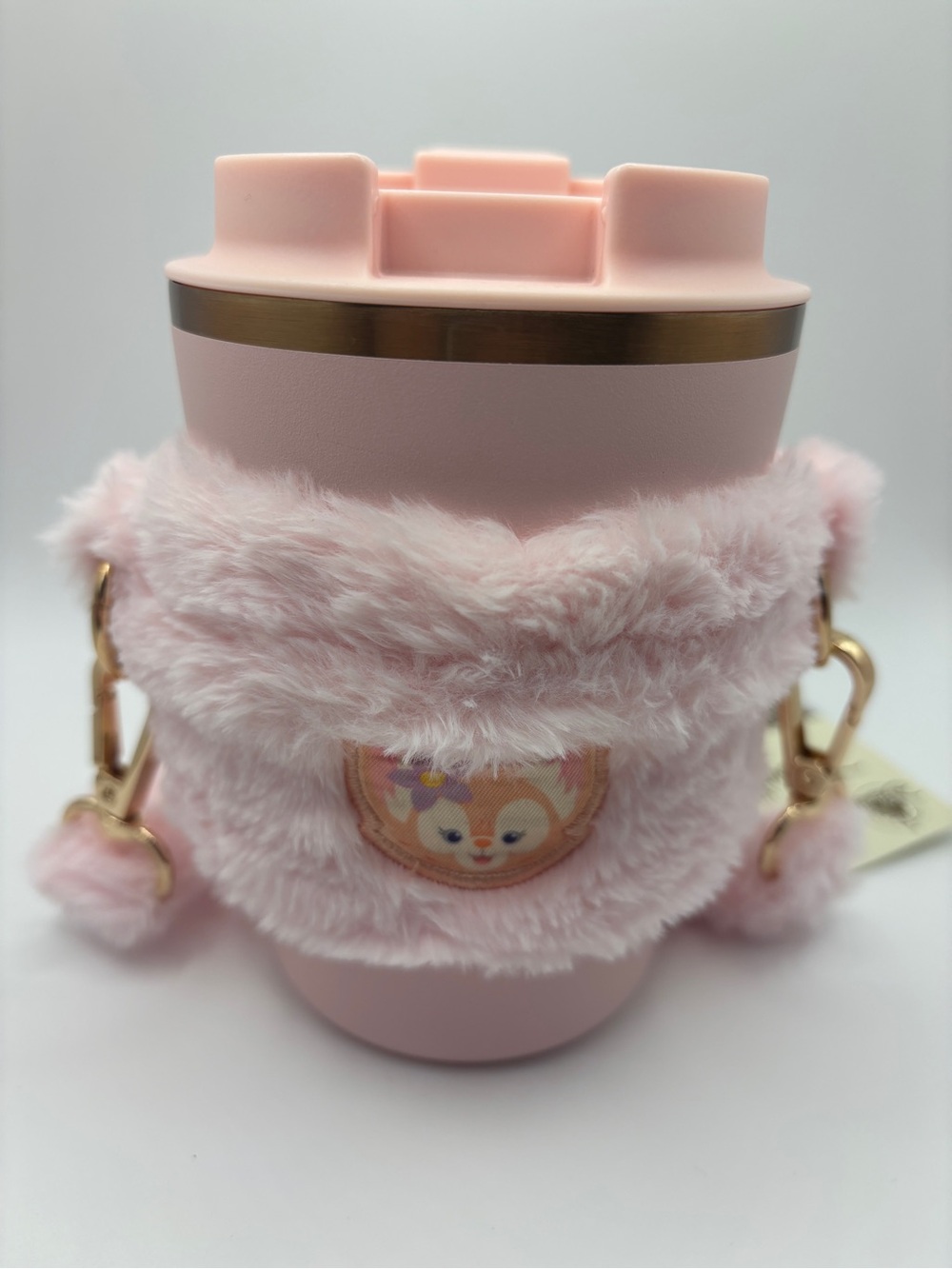 Disney Duffy and Friends LinaBell stainless  Tumbler Mug w/ Pink Fluffy Sleeve